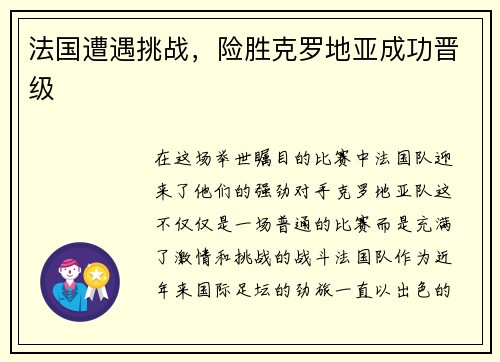 法国遭遇挑战，险胜克罗地亚成功晋级